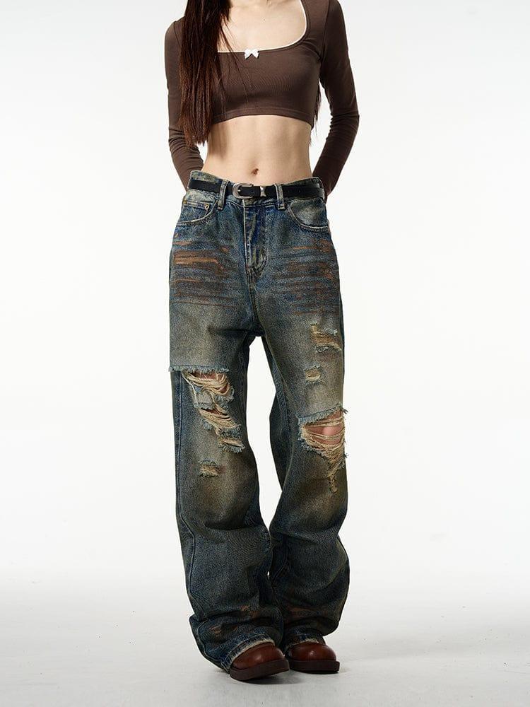 RT No. 12705 DISTRESSED DARK BLUE DENIM JEANS Product Image