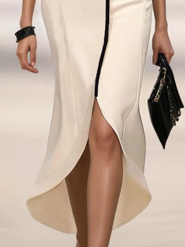 Bodycon High-Low Belted Pleated Solid Color Notched Collar Maxi Dresses Product Image