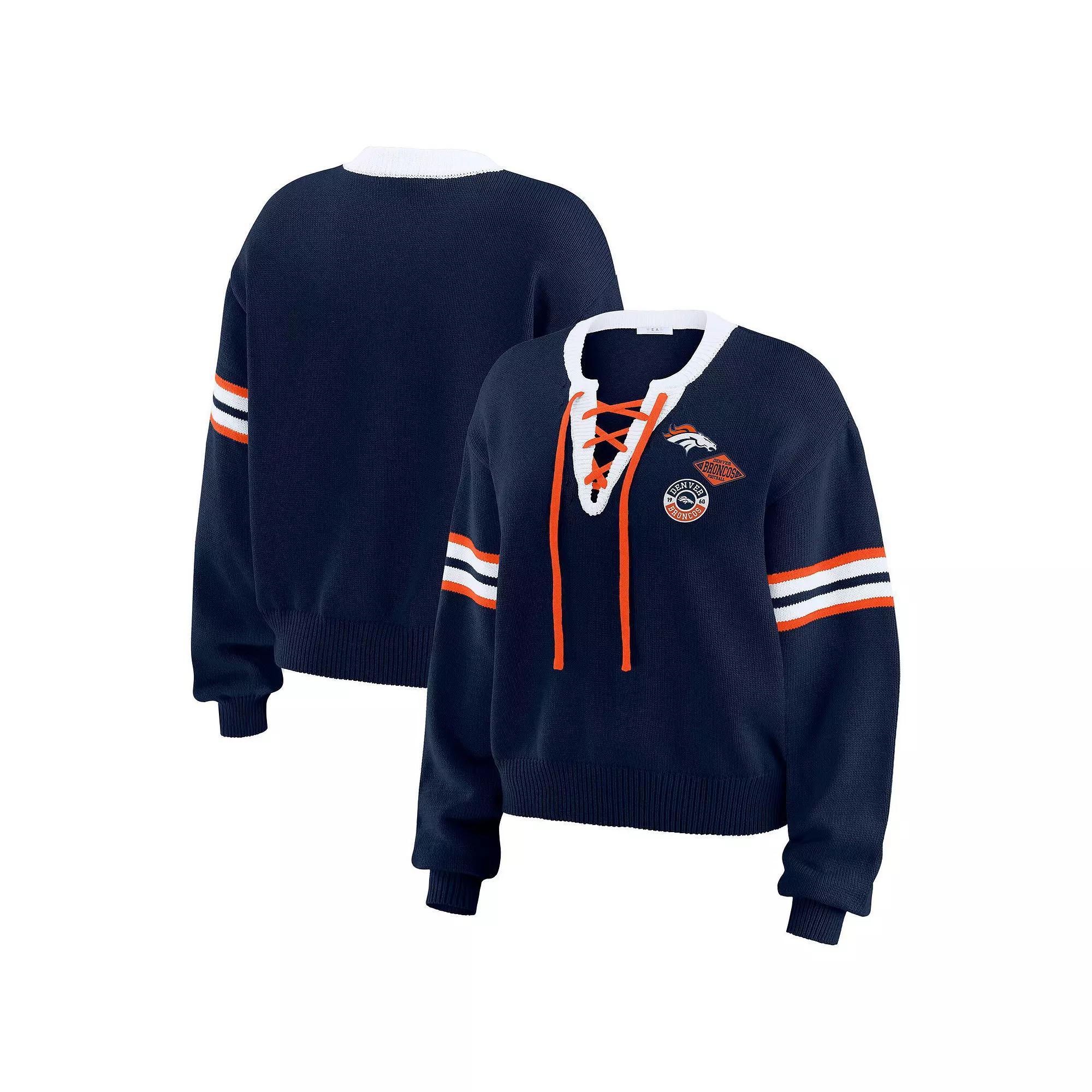 Women's WEAR by Erin Andrews Navy  Dallas Cowboys Lace-Up Sweater, Size: Small, Blue Product Image