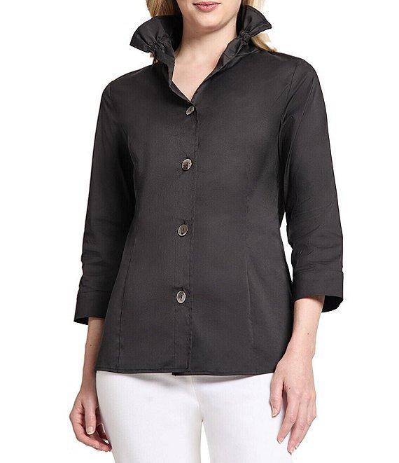 Ming Wang Stretch Cotton Poplin Ruffle Stand Collar Button Front Top Product Image