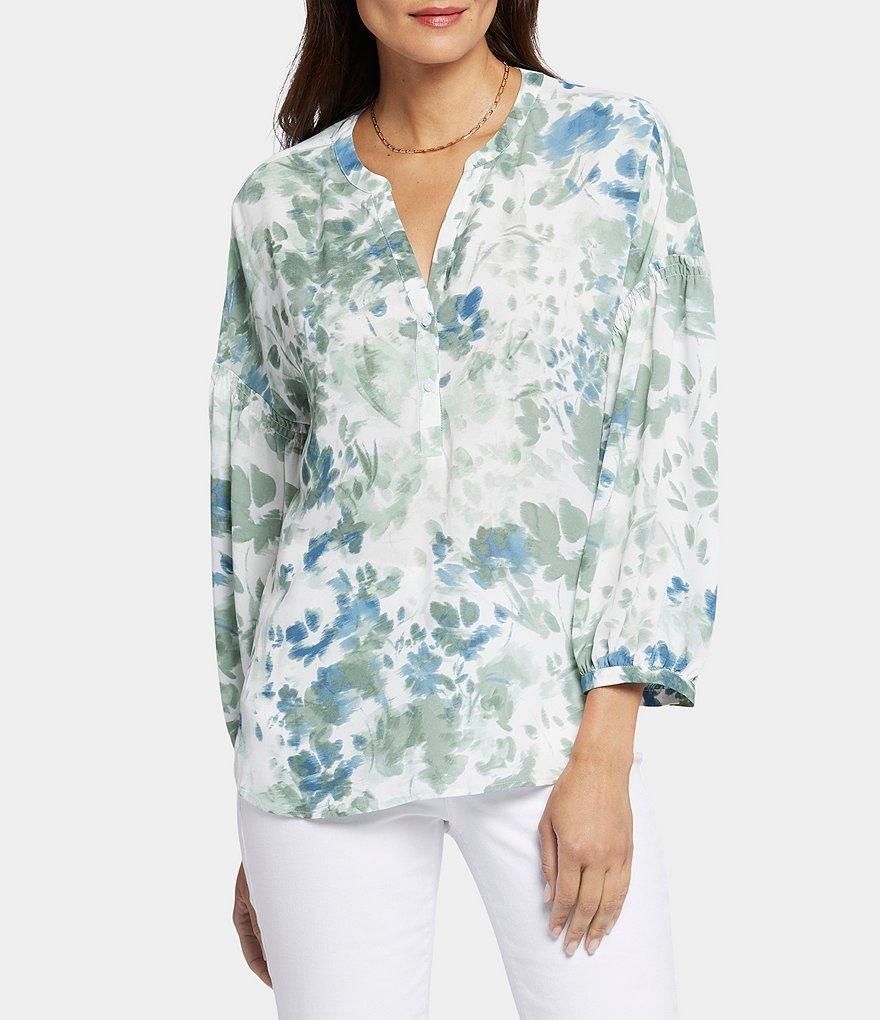 NYDJ Paulina Print Peasant Split V Neckline Woven Button Front Blouse Product Image