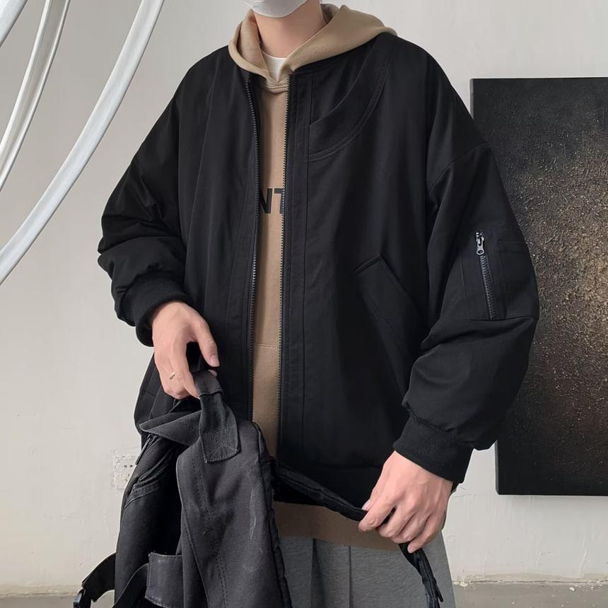 Stand Collar Plain Zip Bomber Jacket Product Image