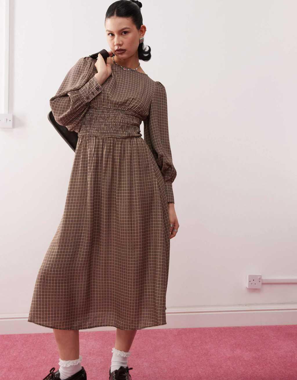 Reclaimed Vintage maxi smock dress with shirring in brown plaid Product Image