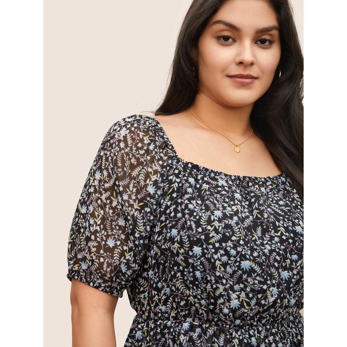 Plus Size Indigo Ditsy Floral Mesh Square Neck Layered Hem Blouse Women Elegant Short sleeve Square Neck Everyday Blouses BloomChic 30/6X Product Image