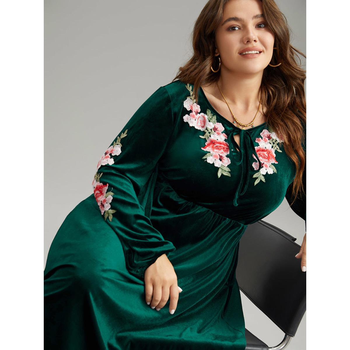 Plus Size Velvet Floral Ties Gathered Lantern Sleeve Dress DarkGreen Women Vacation Elastic cuffs Tie Neck Long Sleeve Curvy Midi Dress BloomChic 12/L Product Image