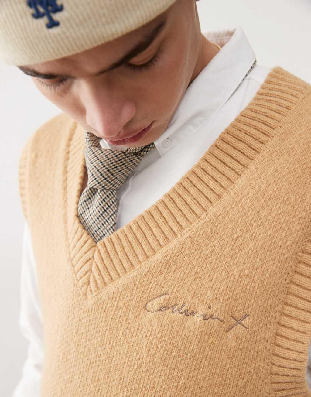 COLLUSION v-neck knitted vest in cream Product Image
