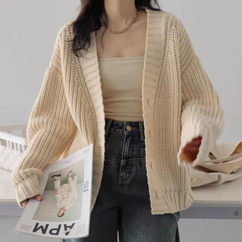 V-Neck Plain Button-Up Cardigan Product Image