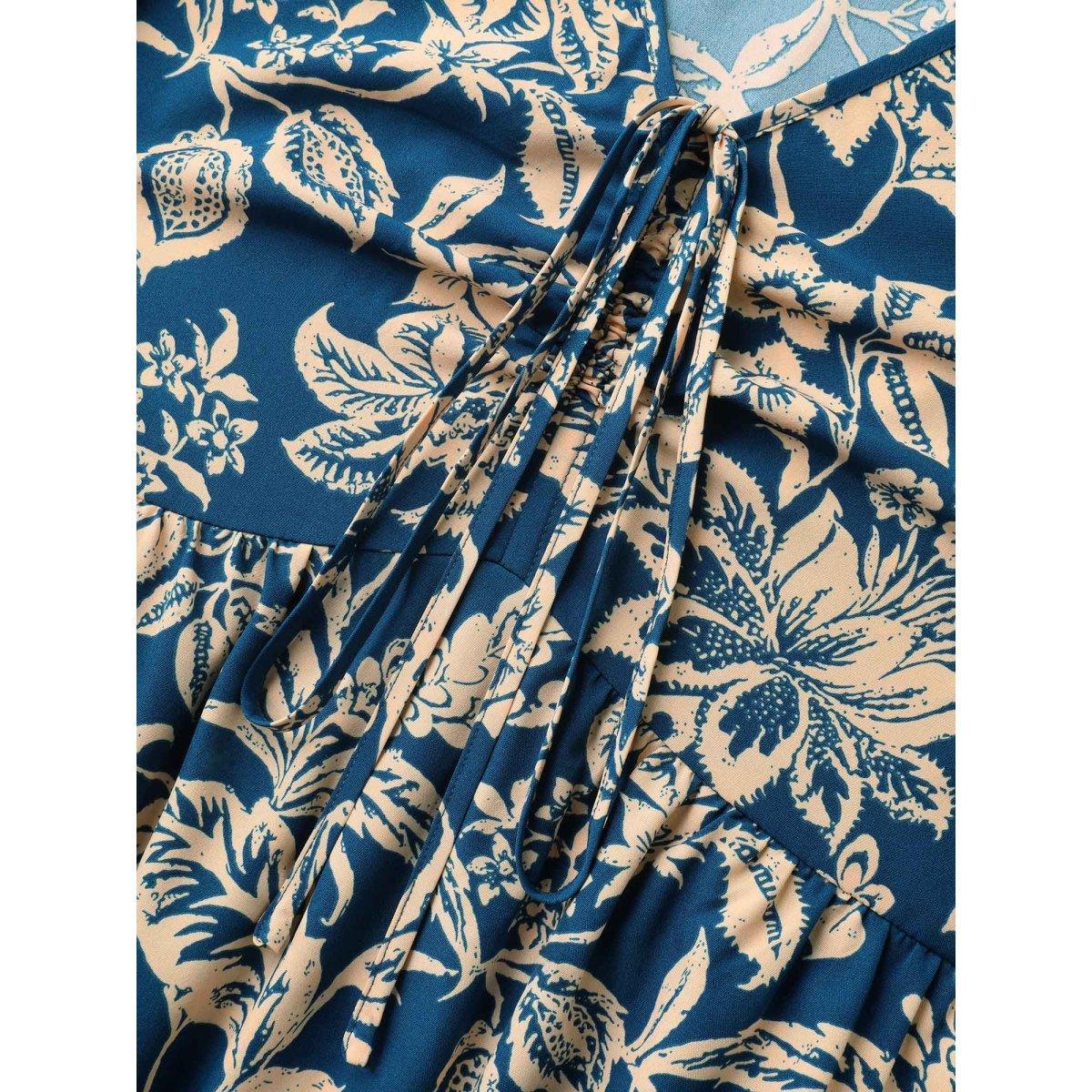 Plus Size Boho Floral Drawstring Pockets Midi Dress Mediumblue Women V-neck Elbow-length sleeve Curvy BloomChic 12/L Product Image