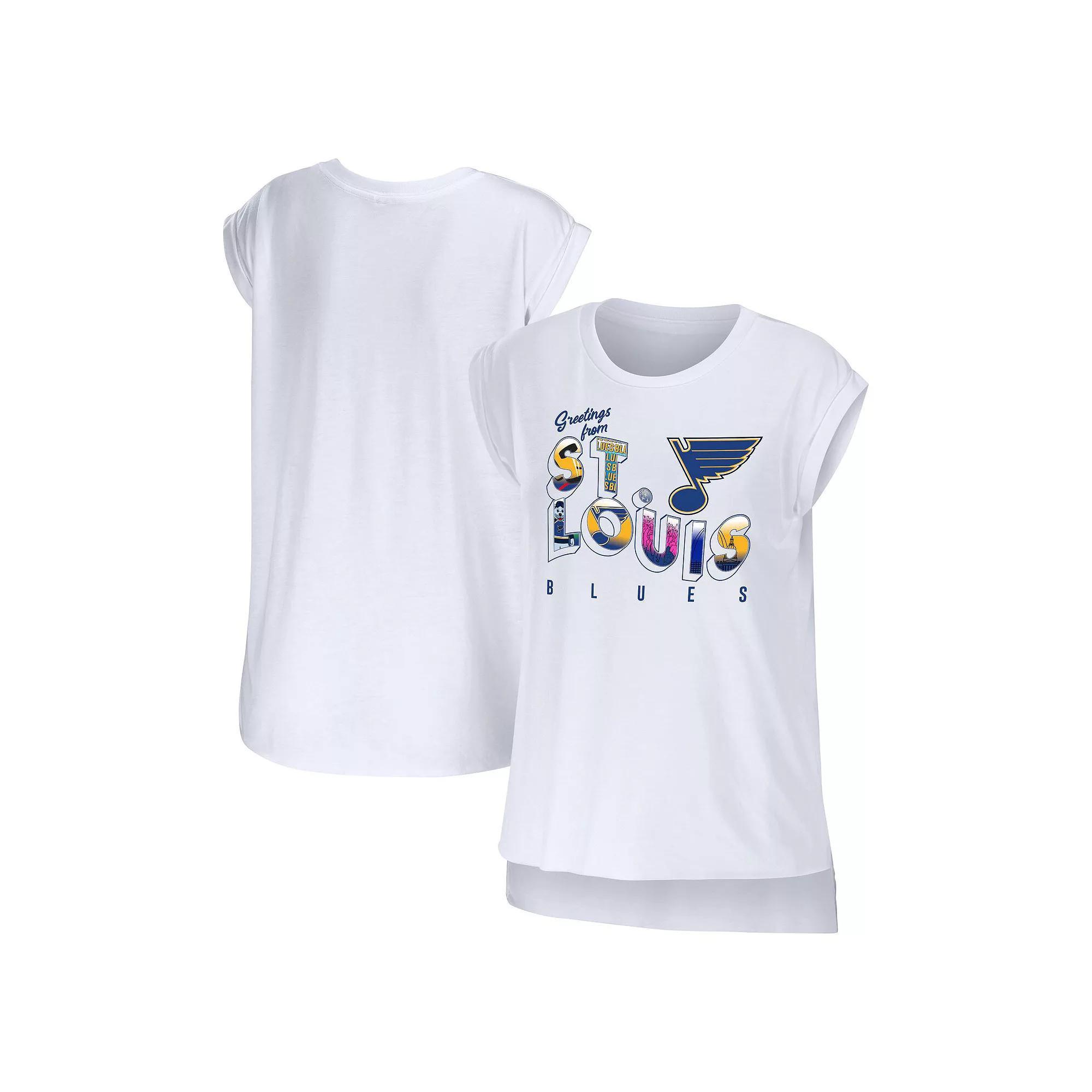 Women's WEAR by Erin Andrews White St. Louis Blues Greetings From Muscle T-Shirt, Size: XL Product Image