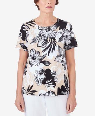 Women's Alfred Dunner Pleated Neck Bold Floral Short Sleeve Tee, Size: Small, Black Product Image