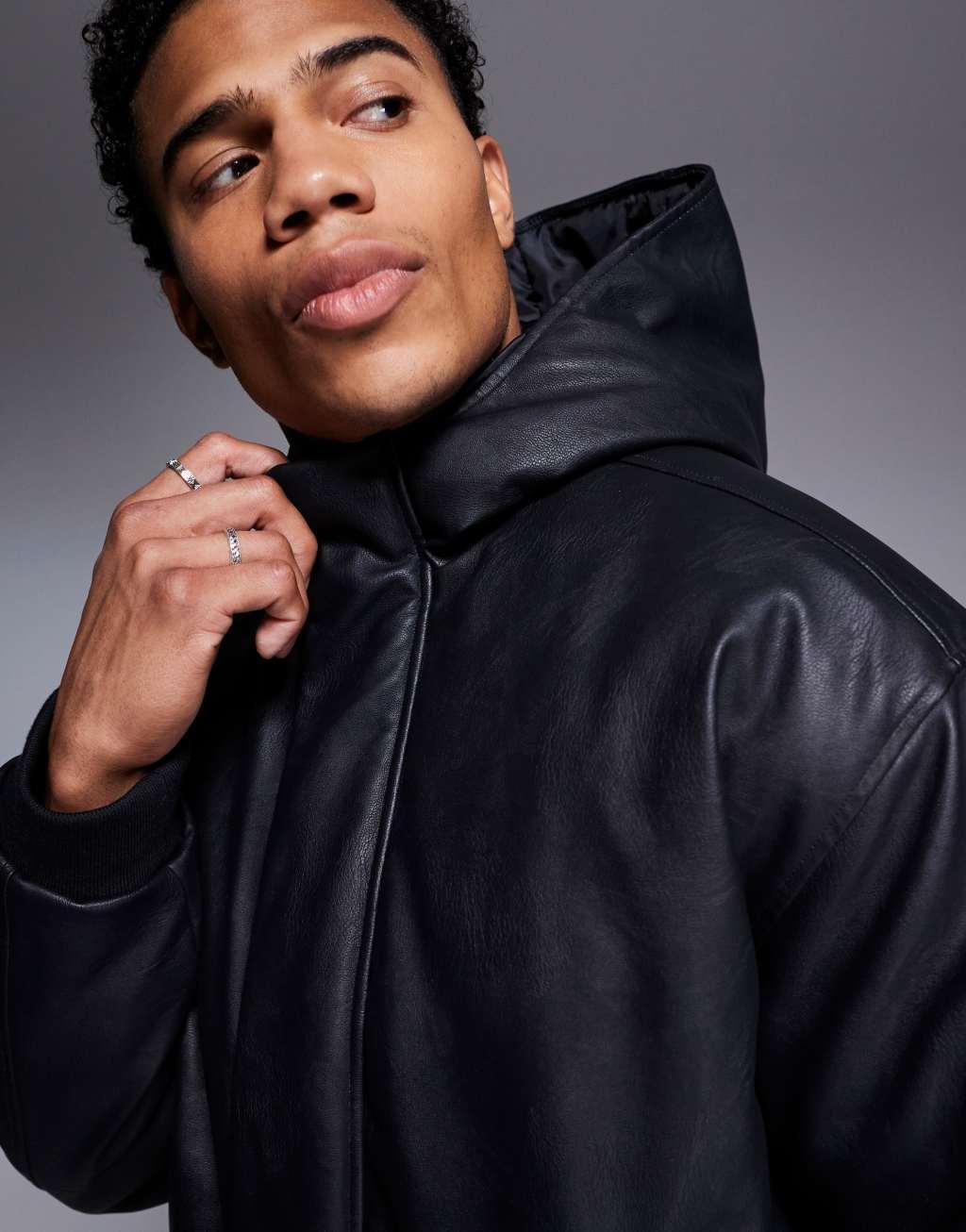 ASOS DESIGN faux leather hooded bomber jacket in black Product Image