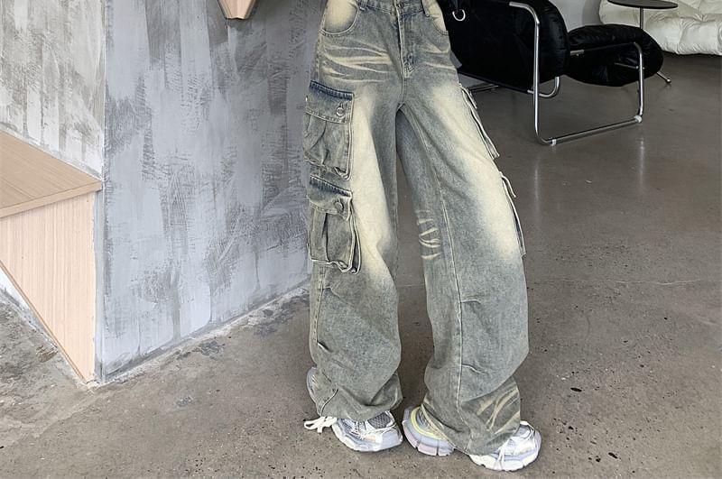 Mid Waist Washed Wide Leg Cargo Jeans Product Image