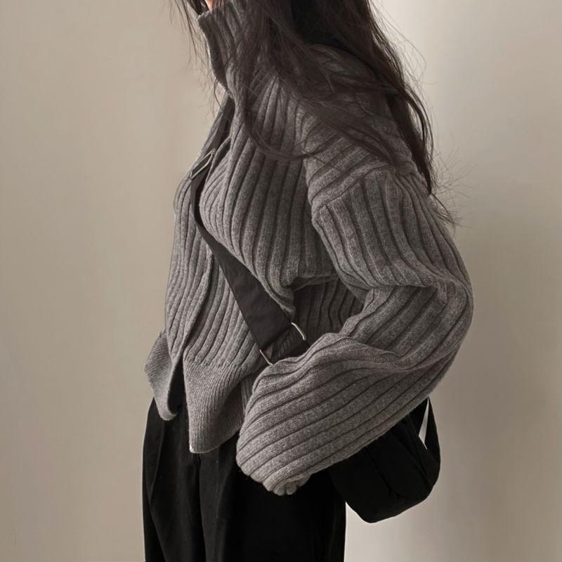 Stand Collar Plain Ribbed Cardigan Product Image