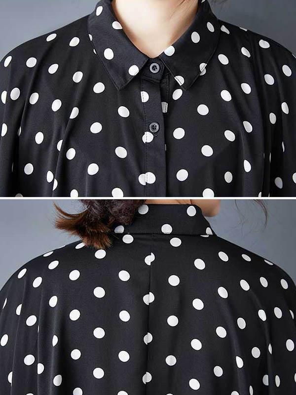 A-Line High-Low Asymmetric Buttoned Polka-Dot Lapel Midi Dresses Shirt Dress Product Image