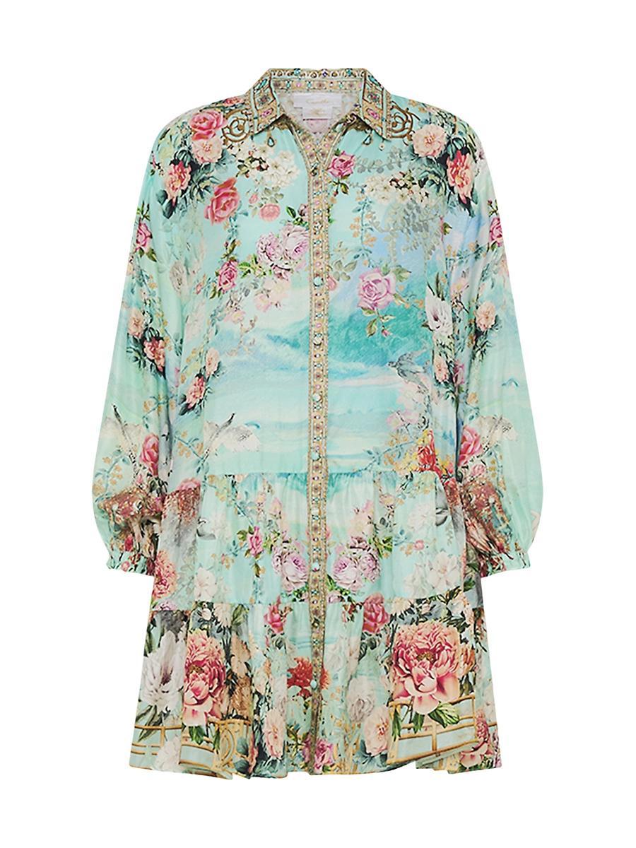 Womens Printed Silk Tiered Shirtdress Product Image