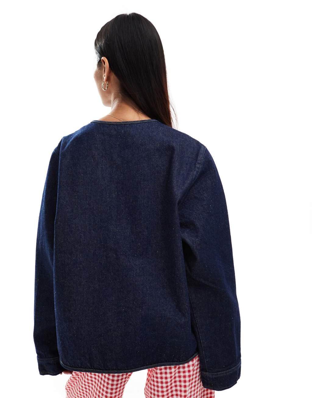 ASOS DESIGN denim long sleeve tie front top in indigo Product Image