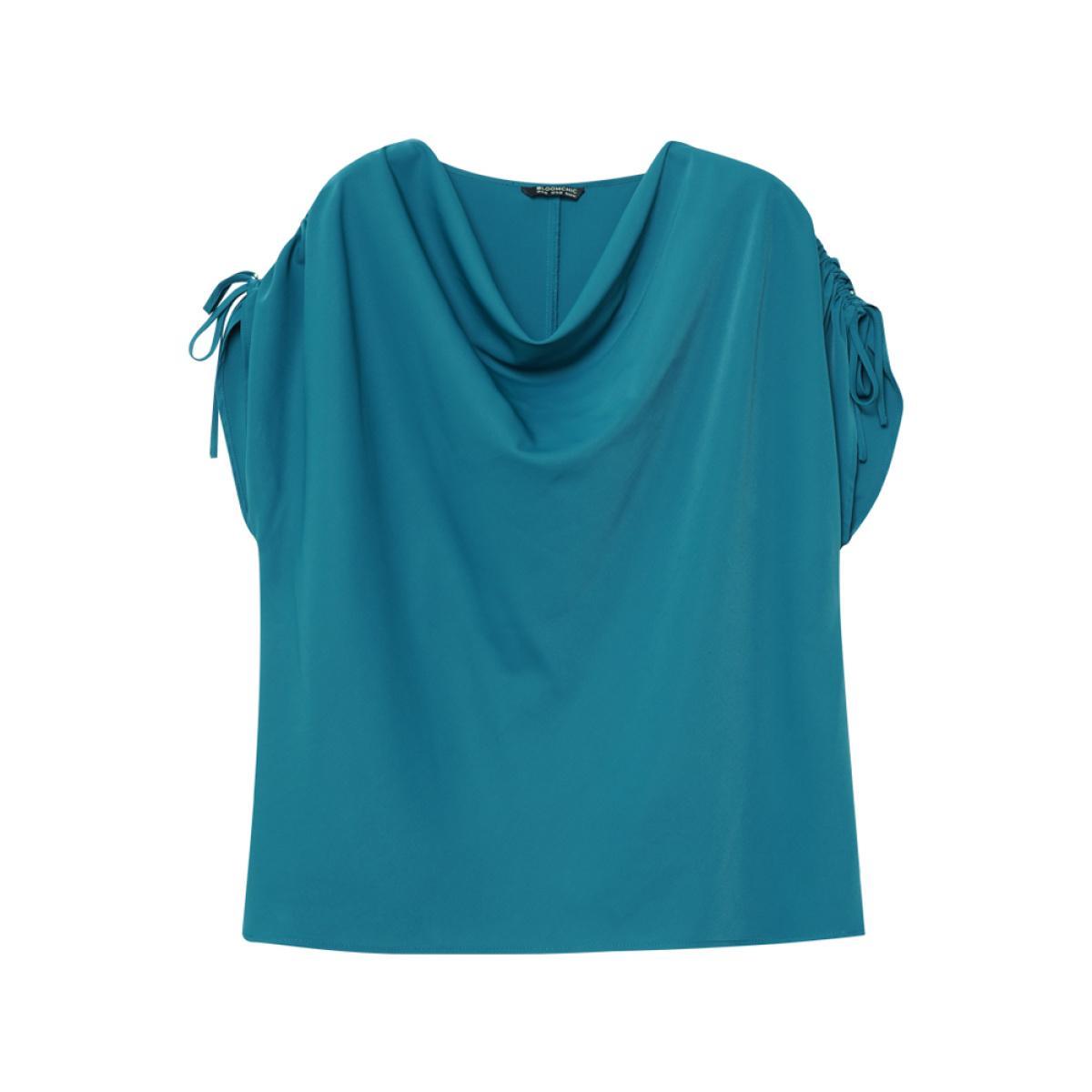 Plus Size Aegean Solid Cowl Neck Drawstring Sleeve Blouse Women Office Short sleeve Cowl Neck Work Blouses BloomChic 28/5X Product Image