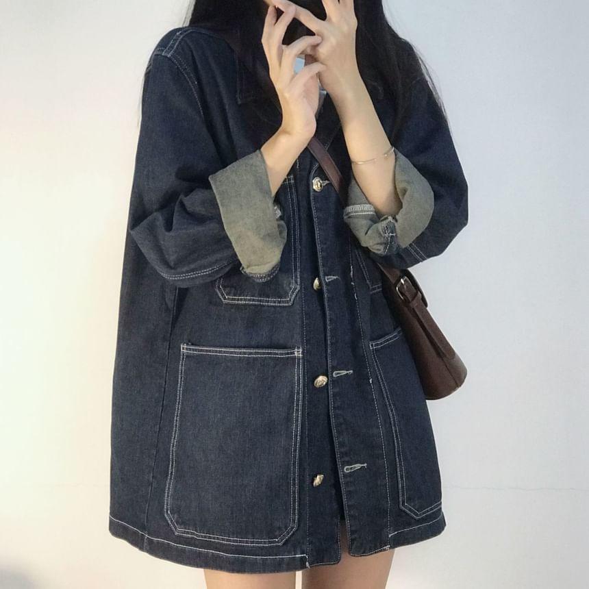 Collar Contrast  Stitching Denim Button Jacket Product Image