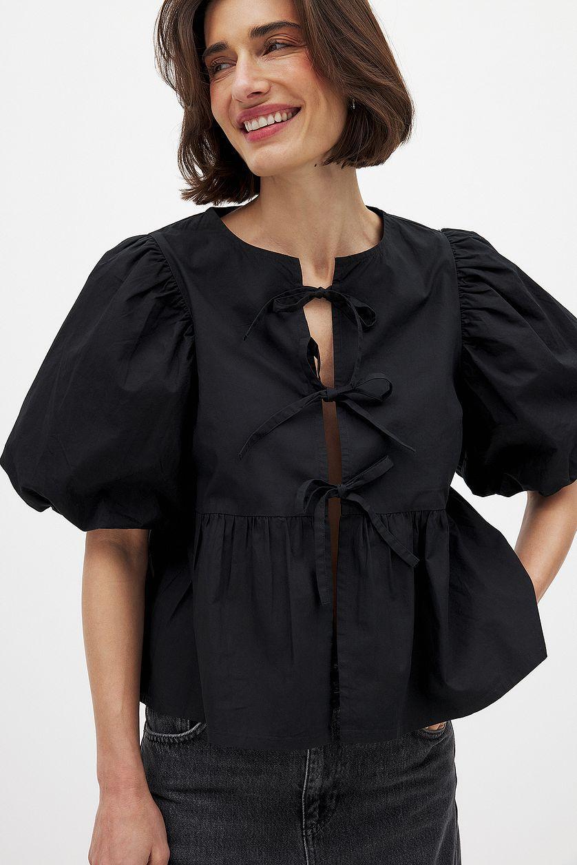 Cotton Puff Sleeve Tie Front Blouse Product Image