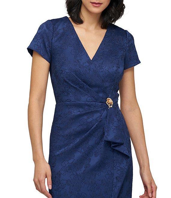 JS Collections Aidy V-Neck Short Sleeve Ruffle Front Stretch Jacquard Column Gown Product Image