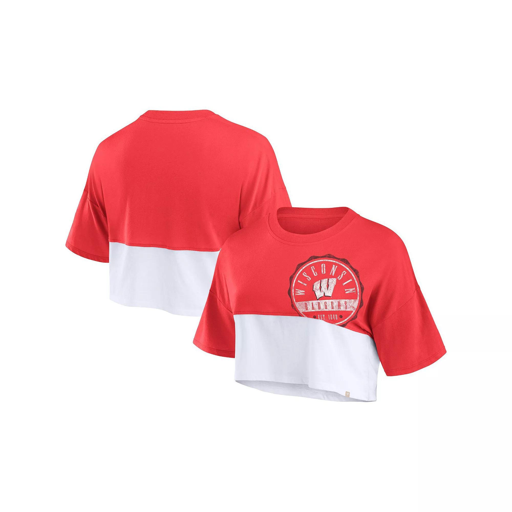 Women's Fanatics Branded Red/White Wisconsin Badgers Oversized Badge Colorblock Cropped T-Shirt, Size: XL Product Image