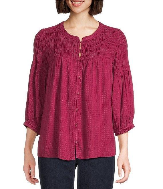 Intro Crinkle Gauze Crew Neck 3/4 Sleeve Smocked Romantic Button-Front Blouse Product Image