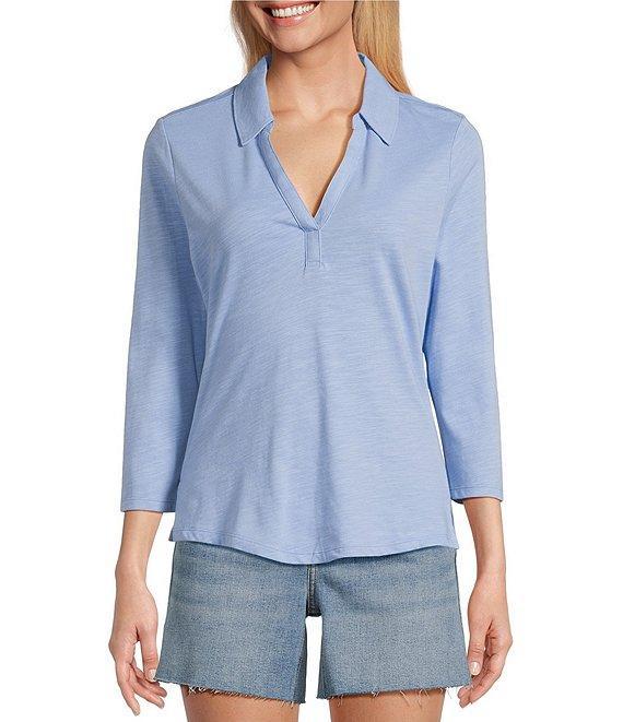 Tommy Bahama Ashby Isles Solid Stretch Jersey Johnny Collar V-Neck 3/4 Sleeve Fitted Top Product Image