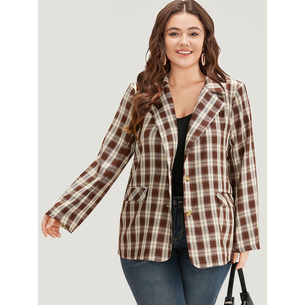 Plus Size Plaid Button Through Flap Pocket Blazer Bronze Women Dailywear Plaid Button Sleeve Long Sleeve Suit Collar 22-24/3X Pocket Casual Blazers BloomChic Product Image