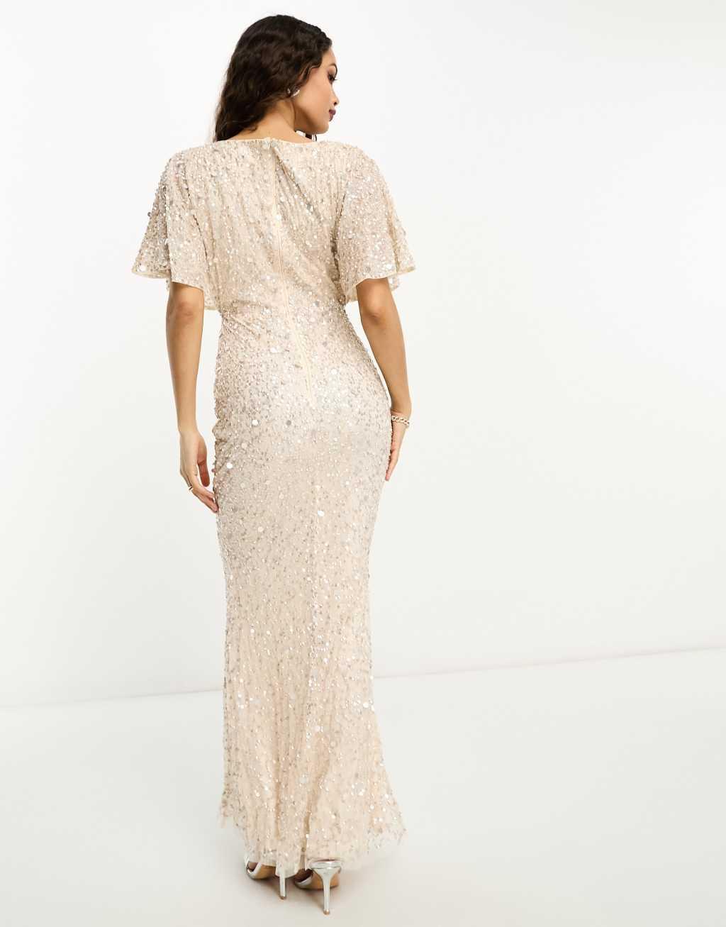 Beauut Petite Bridesmaid embellished maxi dress with flutter sleeve in champagne Product Image