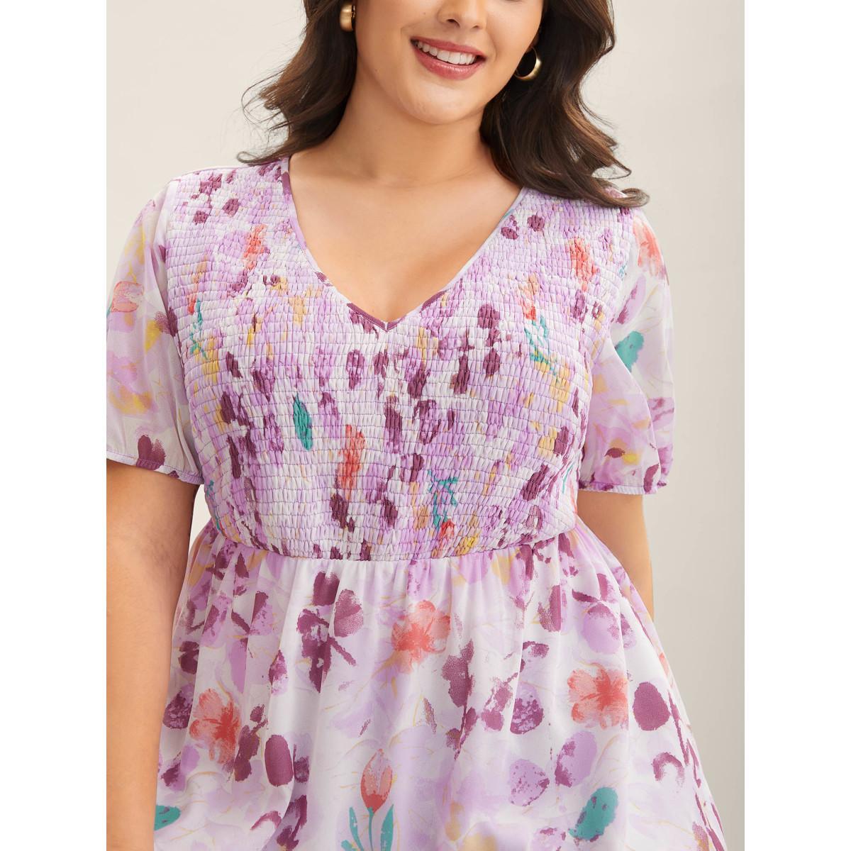 Plus Size Lilac Floral Print Shirred Bodice Blouse Women Short sleeve V-neck Everyday-Elegant Blouses BloomChic 12/L Product Image