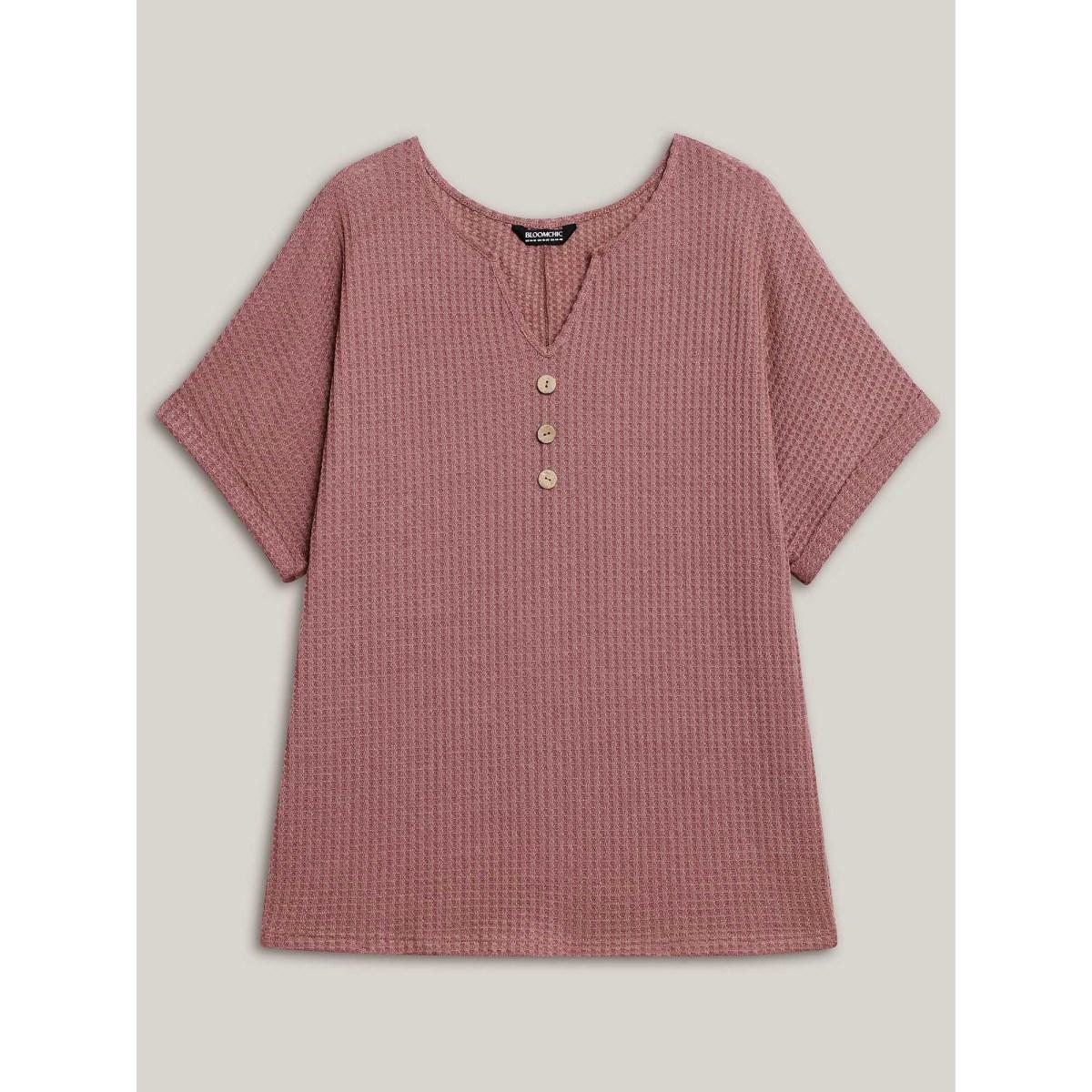 Plus Size Waffle Knit Stretchy Button Split Neck T-Shirt DustyPink Women Casual Texture Flat collar with V-notch Everyday T-shirts BloomChic 12/L Product Image