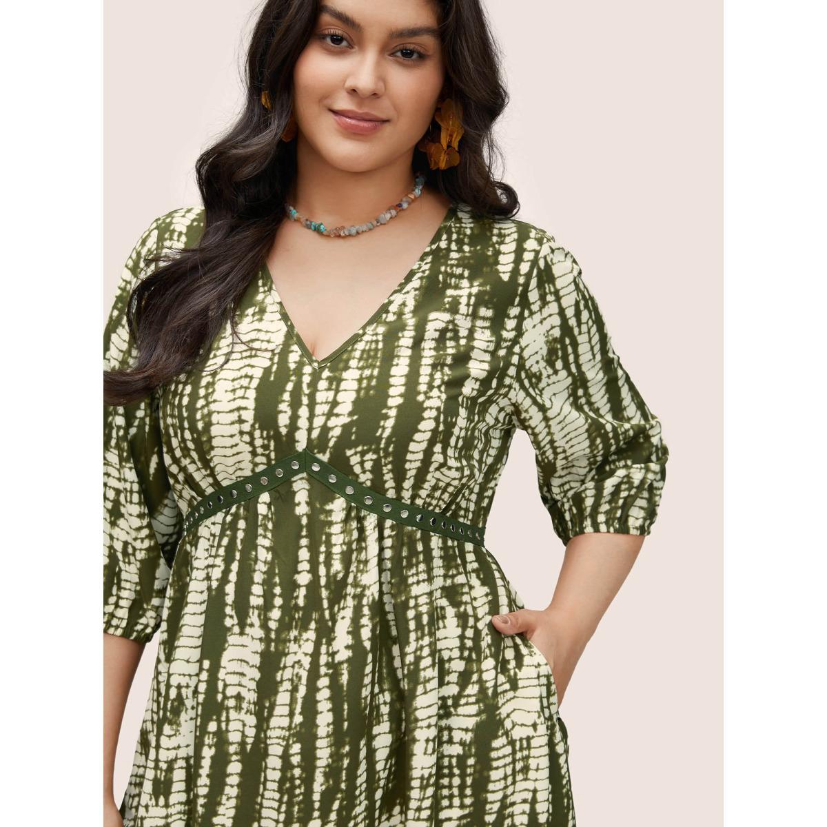 Plus Size Tie Dye Elastic Waist Patchwork Metal Detail Dress ArmyGreen Women Resort Non V-neck Elbow-length sleeve Curvy Midi Dress BloomChic 18-20/2X Product Image
