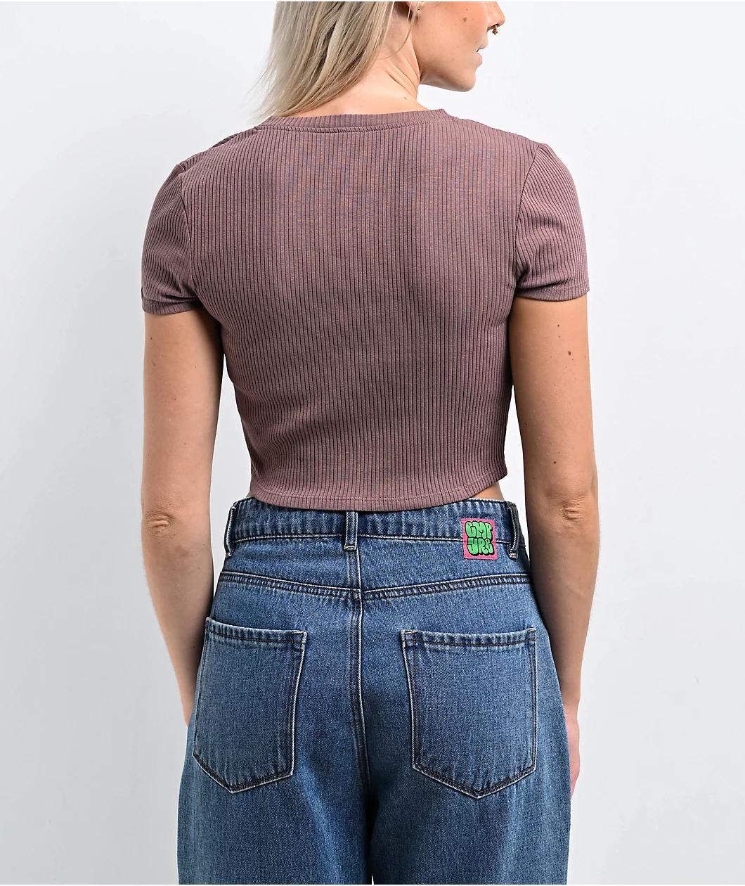 Zine Noreen Deep Taupe Notched Crop T-Shirt Product Image