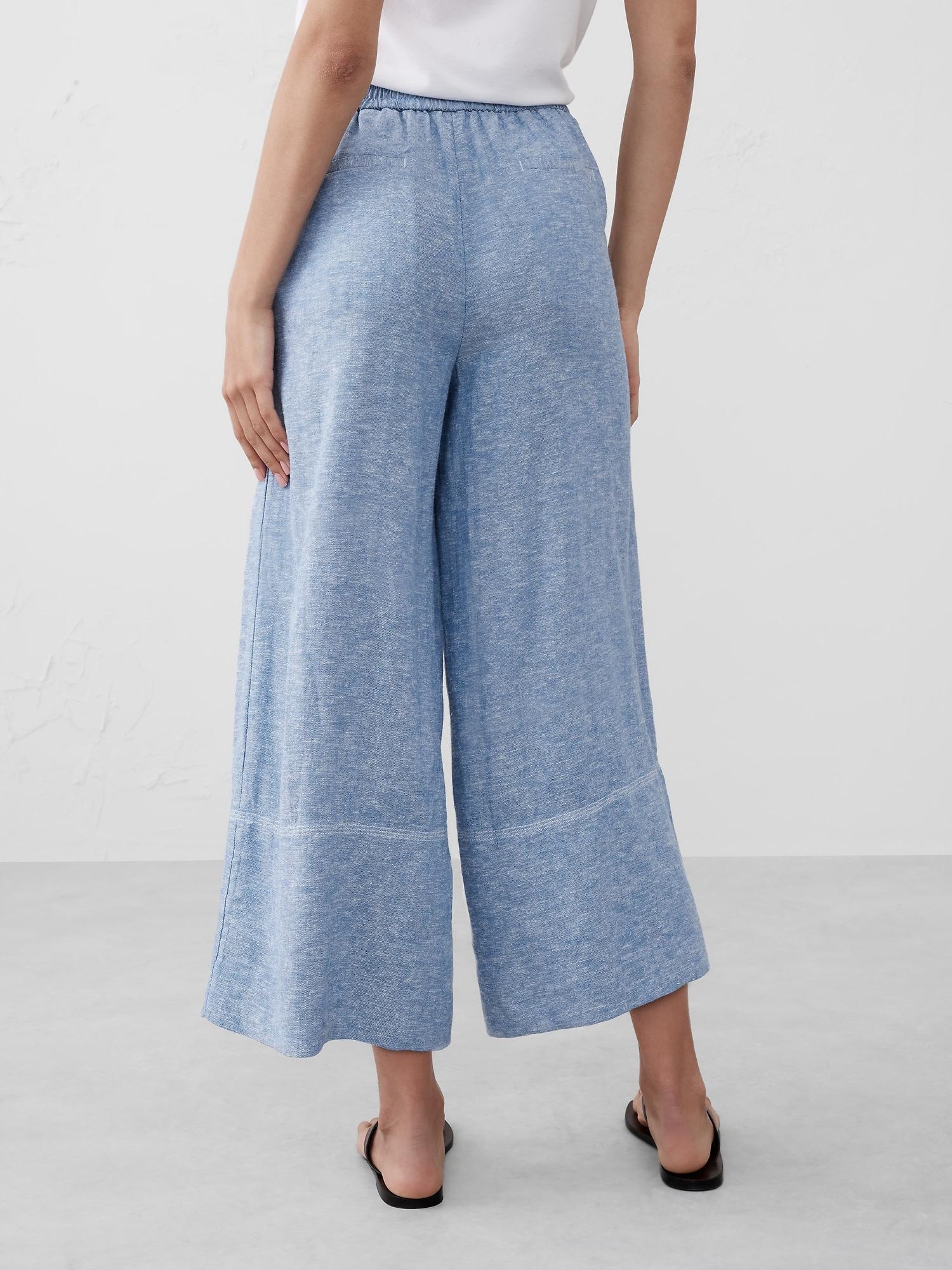 Wide-Leg Linen-Blend Cropped Pull-On Pant Product Image
