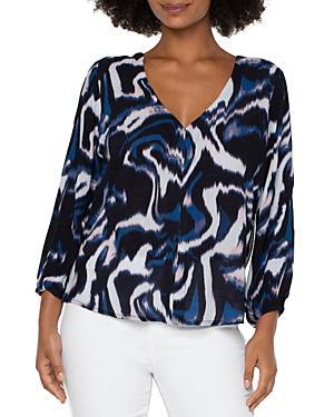 Liverpool Los Angeles 3/4 Sleeve Double V-Neck Woven Top (Floating Ink Print) Women's Clothing Product Image
