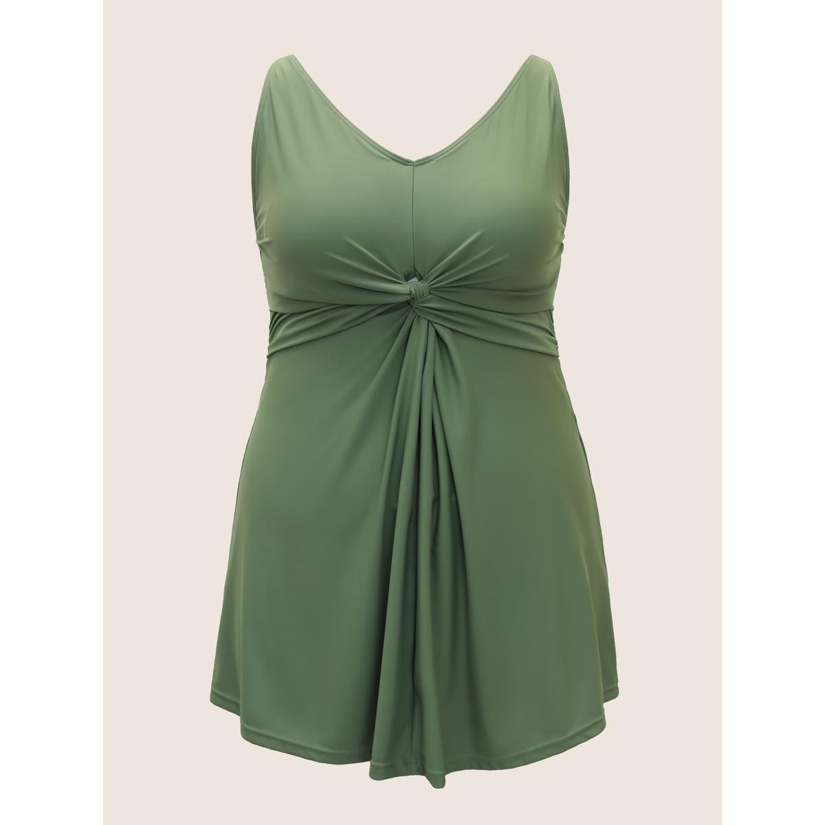Plus Size Plain Twist Front Gathered Swim Dress Women's Swimwear ArmyGreen Beach Bodycon V-neck High stretch Curve Swim Dresses BloomChic 12/L Product Image