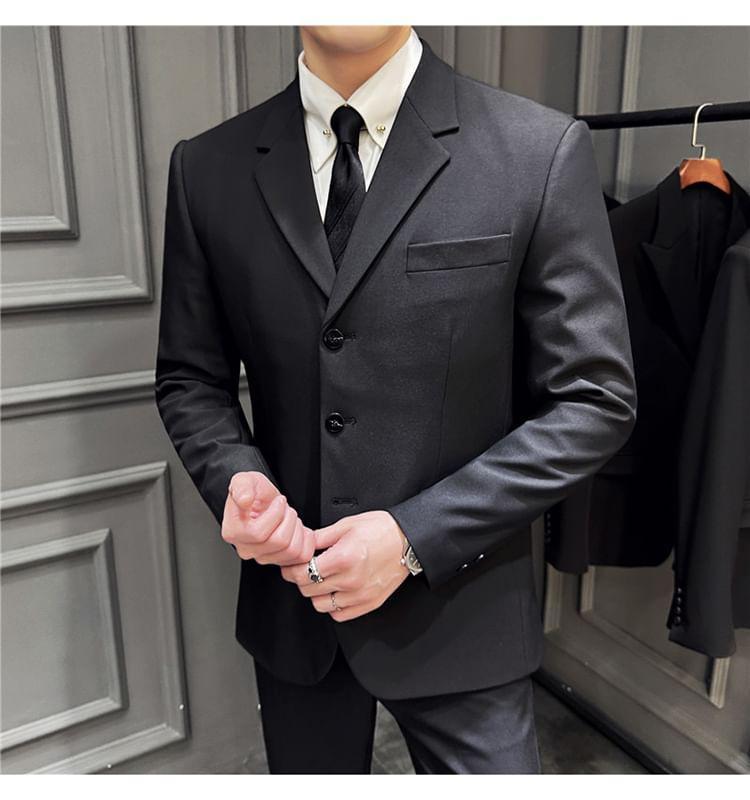 Plain Blazer / V-Neck Plain Button-Up Vest / High Waist Straight Leg Dress Pants / Set Product Image