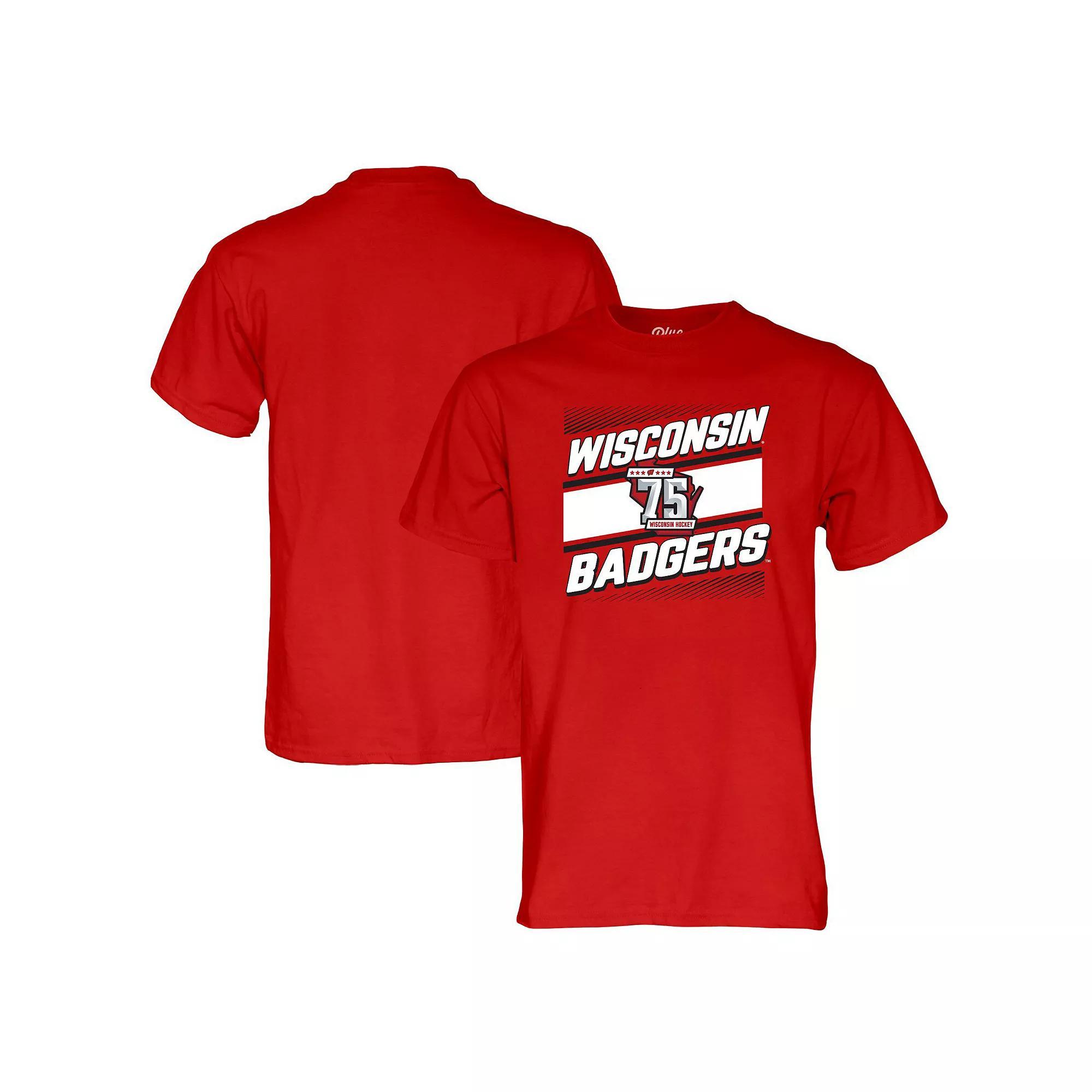 Men's Blue 84  Red Wisconsin Badgers Men's Hockey 75th Season T-Shirt, Size: Small Product Image
