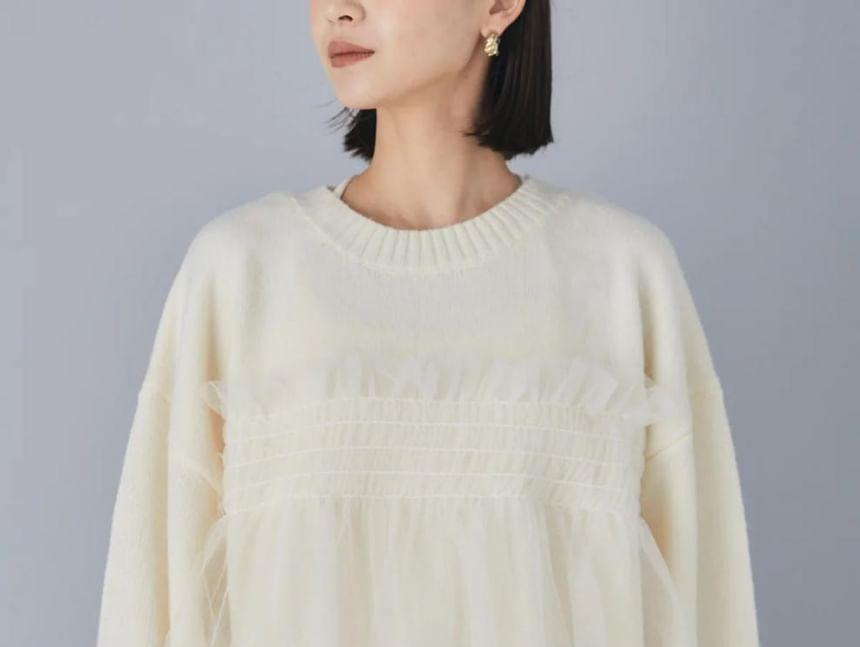 Set: Crew Neck Mesh Panel Sweater + Faux Pearl Washed Loose Fit Jeans Product Image