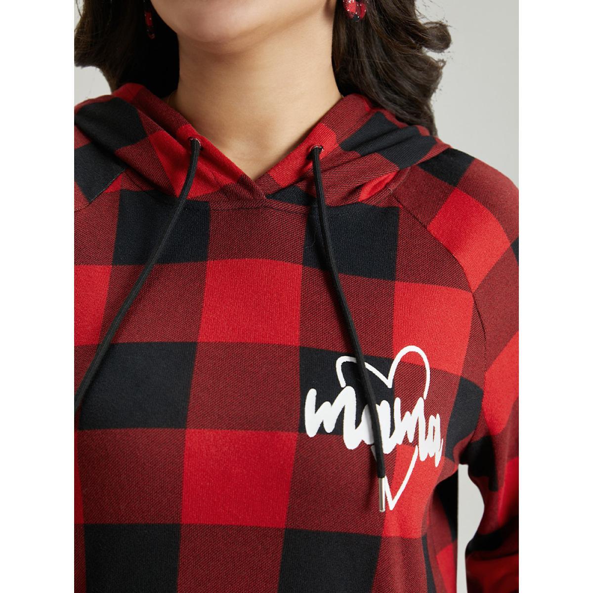 Plus Size Letter Plaid Hooded Drawstring Pocket Sweatshirt Women Red Casual Elastic cuffs Hooded Festival-Christmas Sweatshirts BloomChic 10/M Product Image