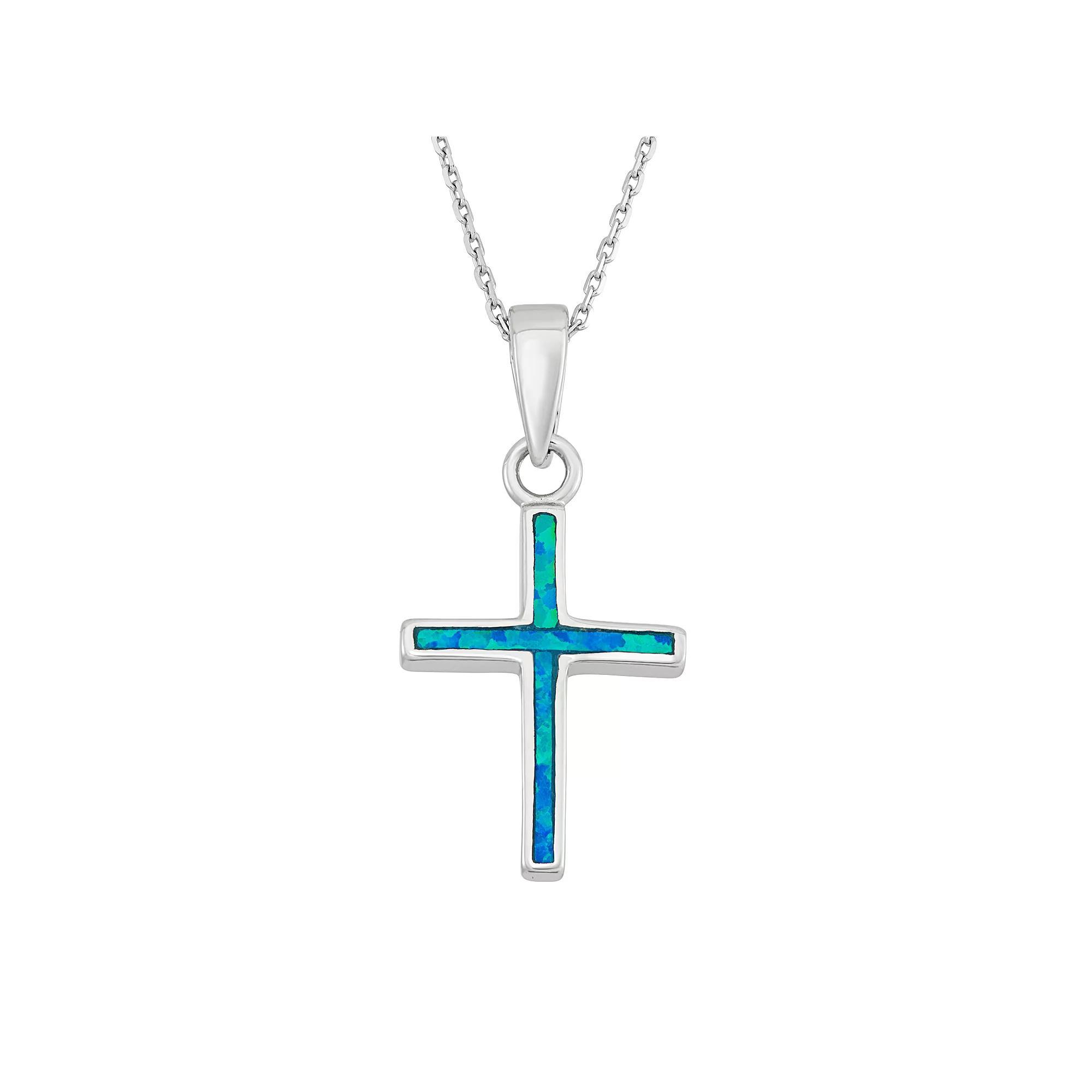 Lab-Created Blue Opal Sterling Silver Cross Pendant Necklace, Women's, Size: 18" Product Image