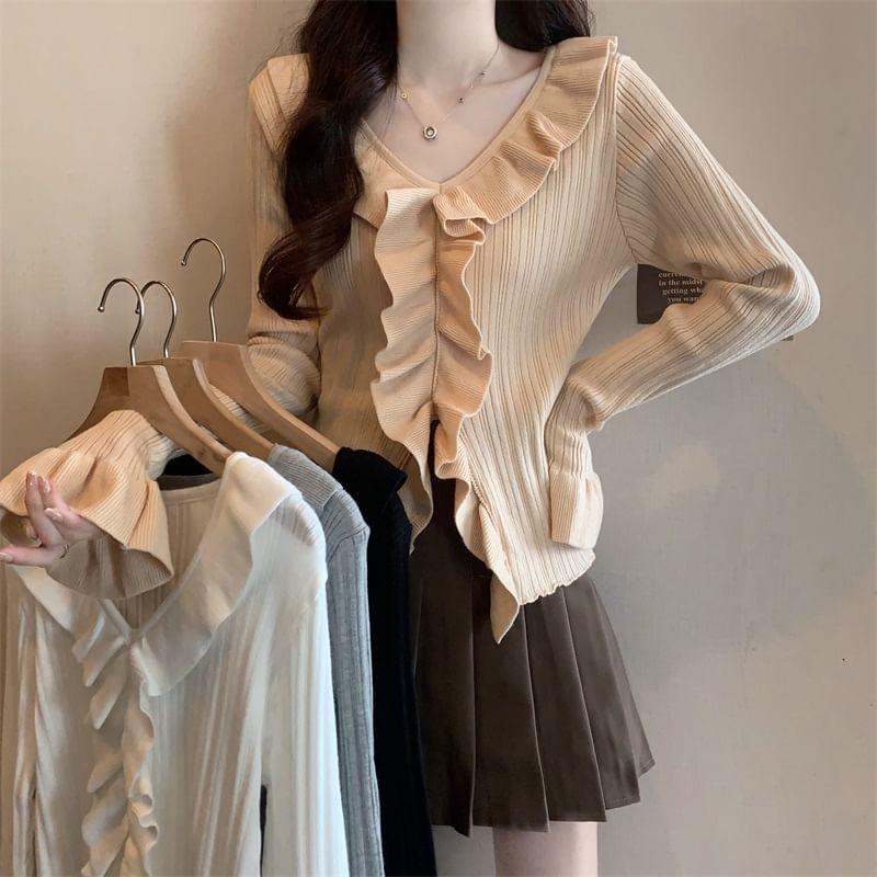 Long-Sleeve V-Neck Frill Trim Plain Knit Top Product Image