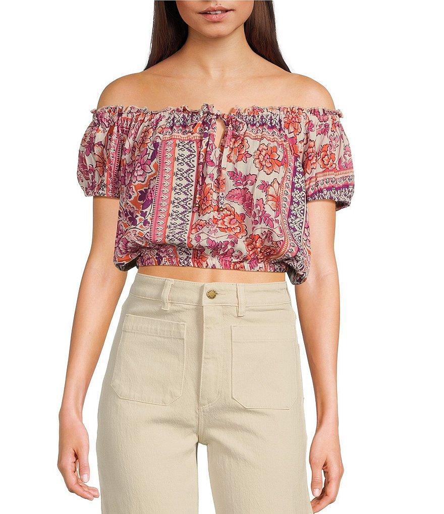 Angie Patch Print Off-The-Shoulder Cap Sleeve Crop Top Product Image