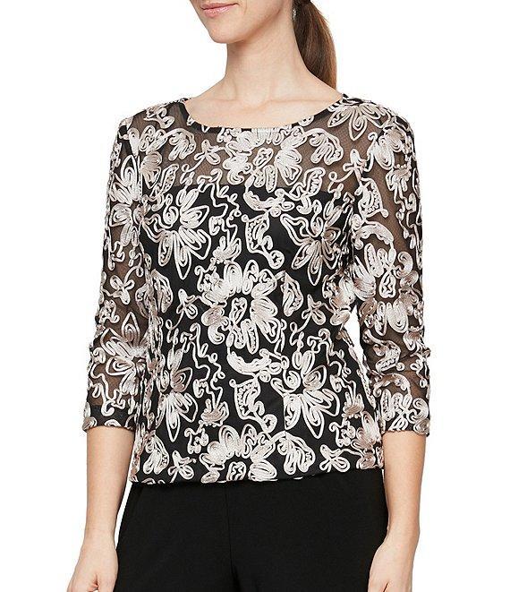 Alex Evenings Illusion Crew Neck 3/4 Sleeve Embroidered Floral Lace Top Product Image