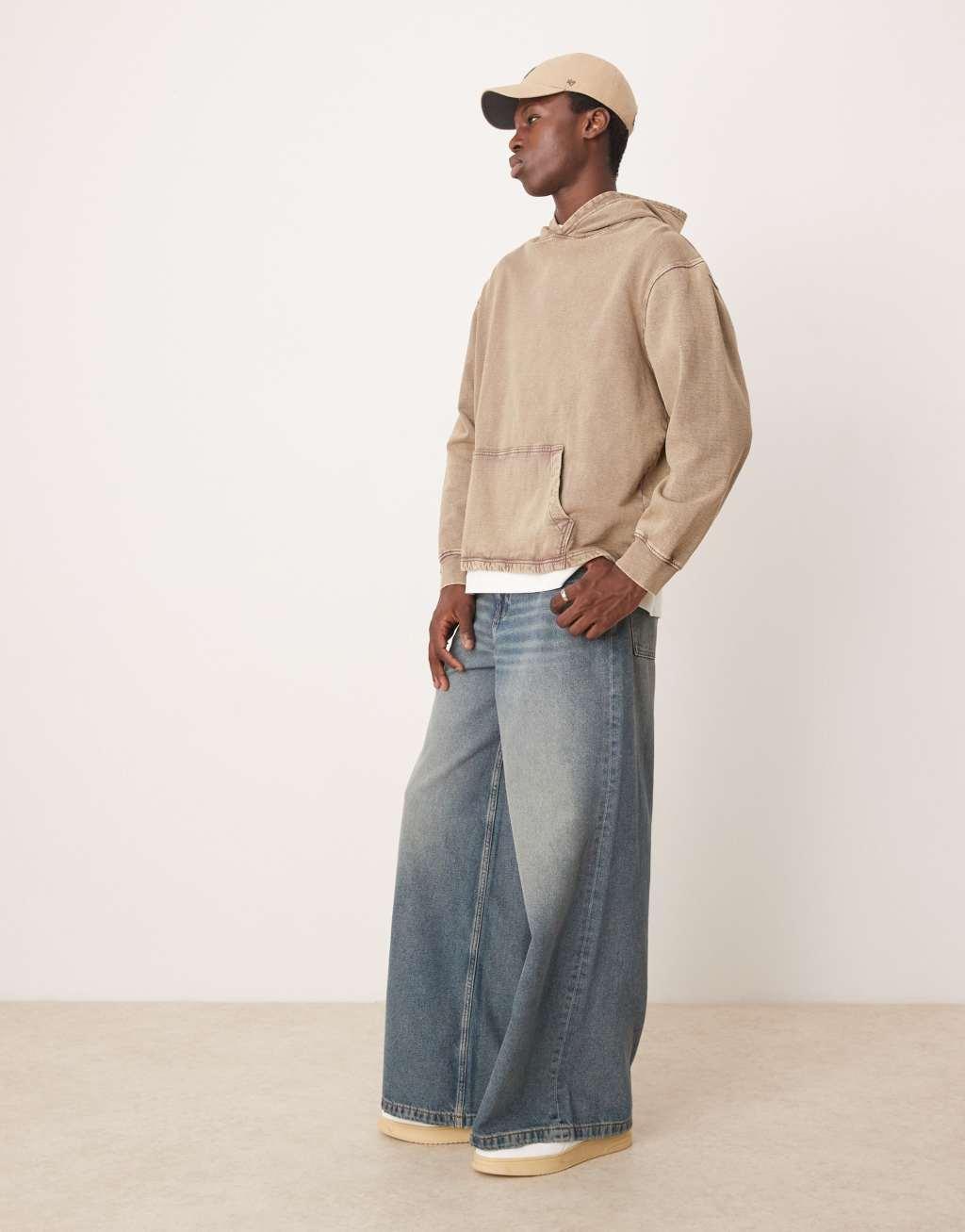 ASOS DESIGN oversized hoodie with cut and sew detail in washed brown Product Image