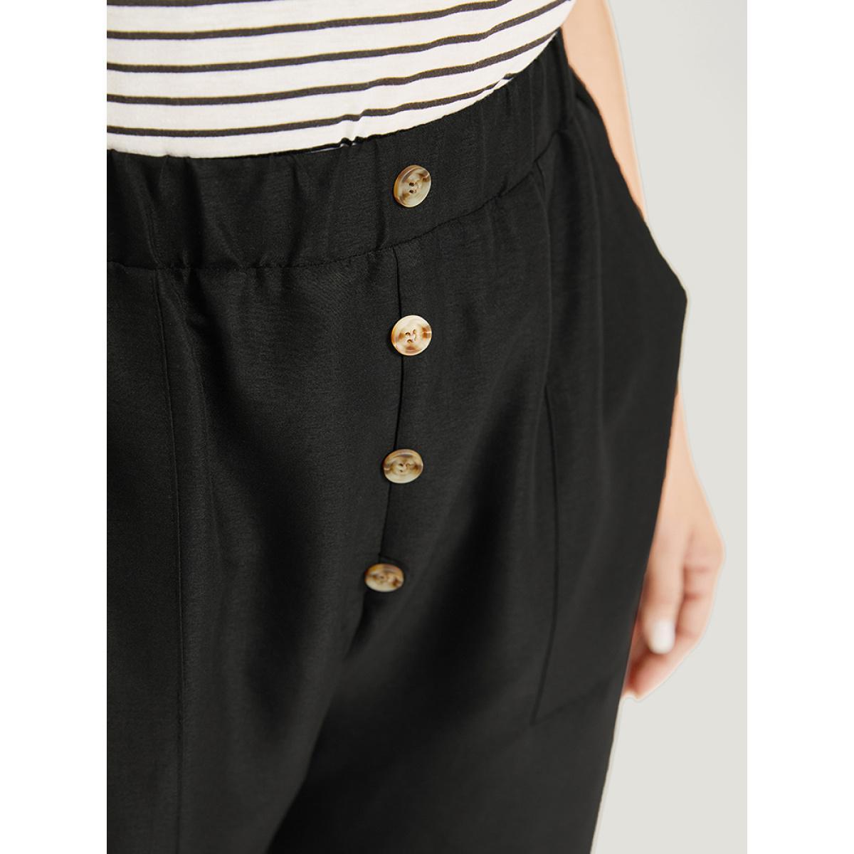 Plus Size Solid Pocket Button Detail Elastic Waist Pants Women Black Casual High Rise Dailywear Pants BloomChic 30/6X Product Image