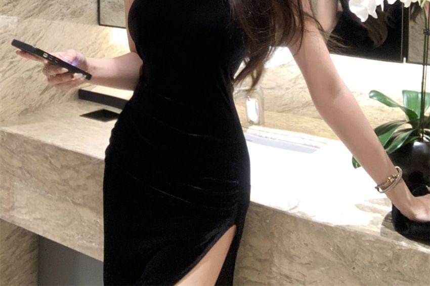 Halter-Neck Rhinestone Asymmetrical Velvet Mini Bodycon Dress Product Image