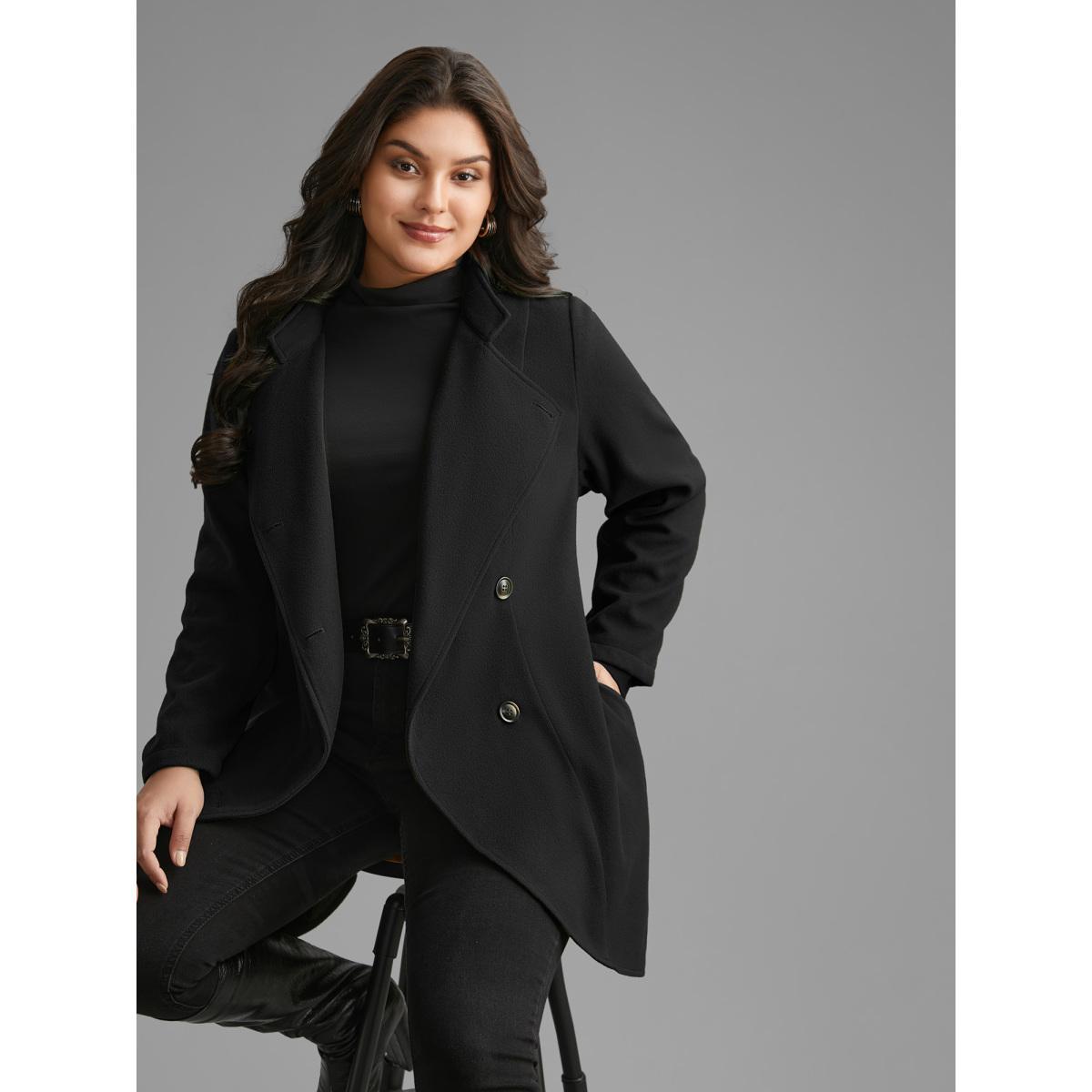 Plus Size Solid Wrap Button Up Asymmetrical Hem Coat Women Black Elegant Button Ladies Everyday Winter Coats BloomChic 30/6X Product Image