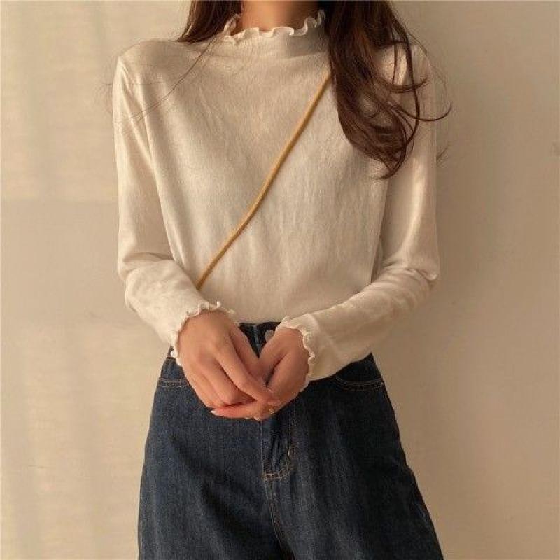Long Sleeve Turtleneck Plain Ruffle Hem Knit Top Product Image