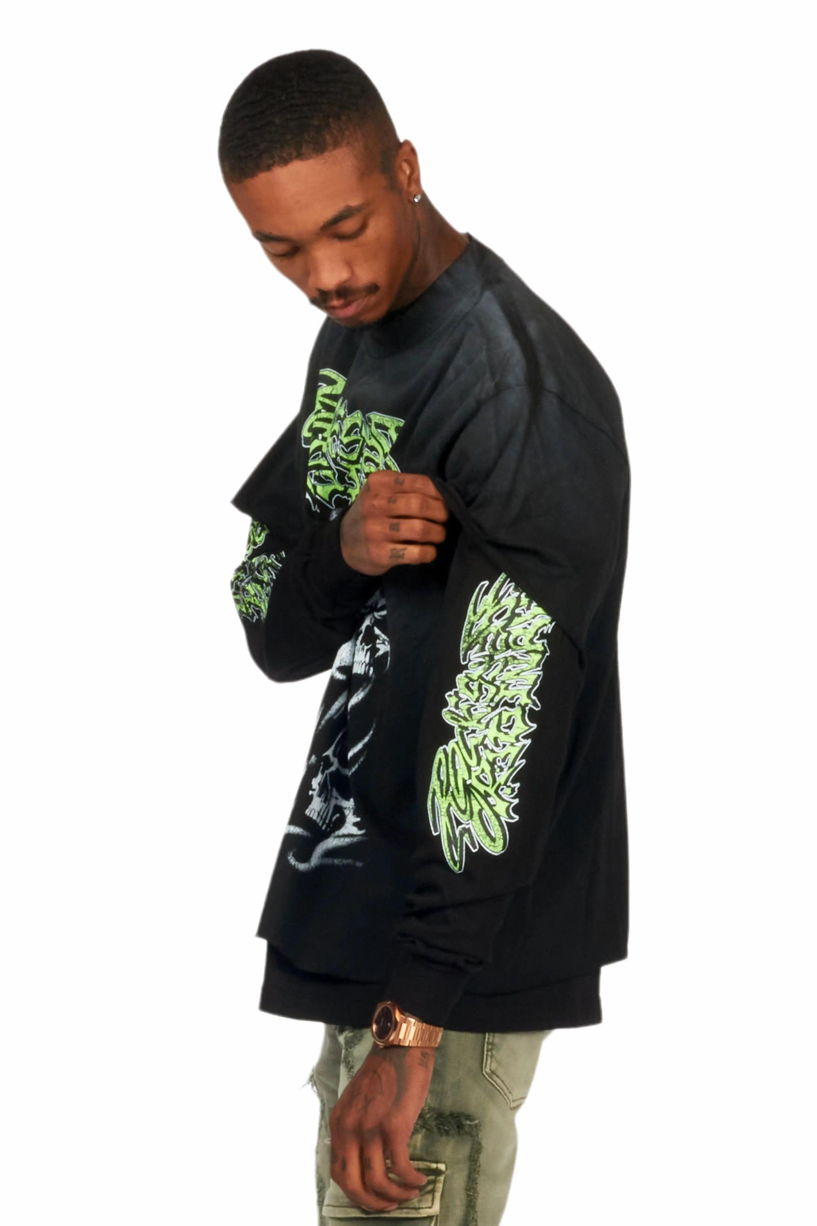 Schtupp Black Double Layer Long Sleeve Graphic T-Shirt Male Product Image